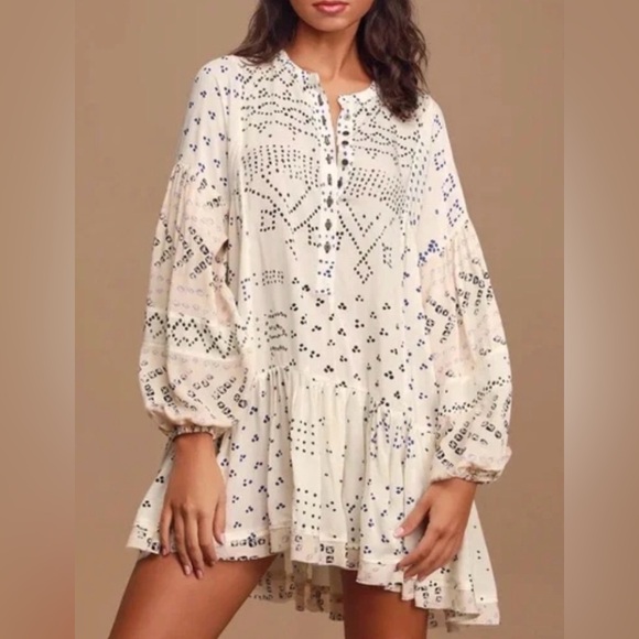 Free People Dresses & Skirts - Free People Shibori Ivory Printed Boho Button Up Tunic Mini Dress Medium